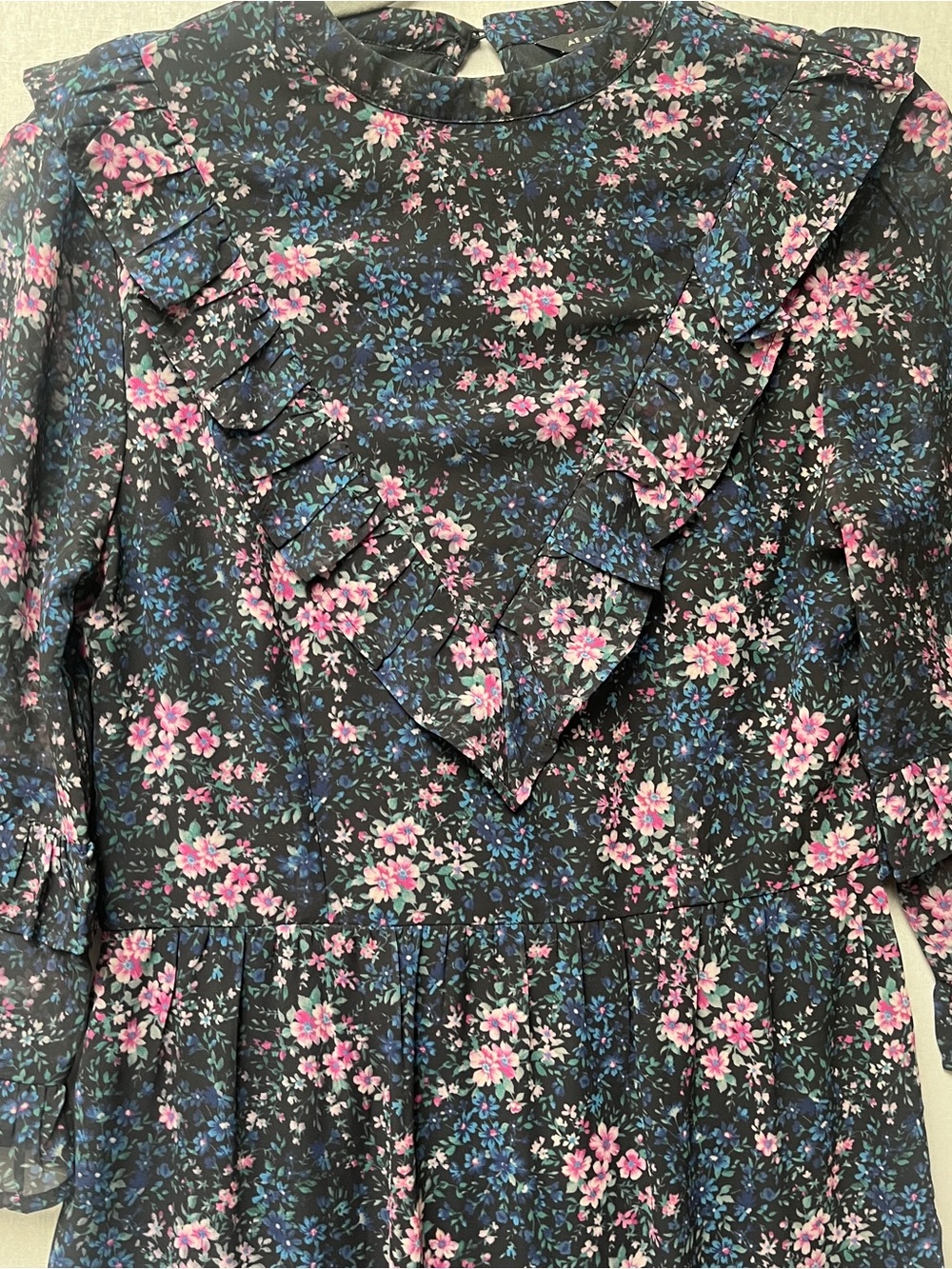 American Eagle Navy Floral Ruffle Hem Chiffon Maxi Dress Size S - Picture 5 of 11